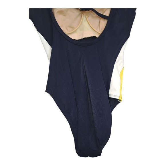 Vintage Liz Claiborne Blue Yellow Racer Stripe Open Back One Piece Swimsuit USA - Picture 2 of 10